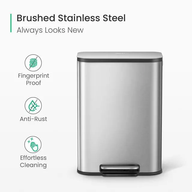 Alt view image 3 of 6 - 13 Gallon Kitchen Trash Can, Stainless Steel Step Garbage Can with Lid, Large Trash Can with Foot Pedal, Soft Close Lid, Brushed Finish, 50 Liters