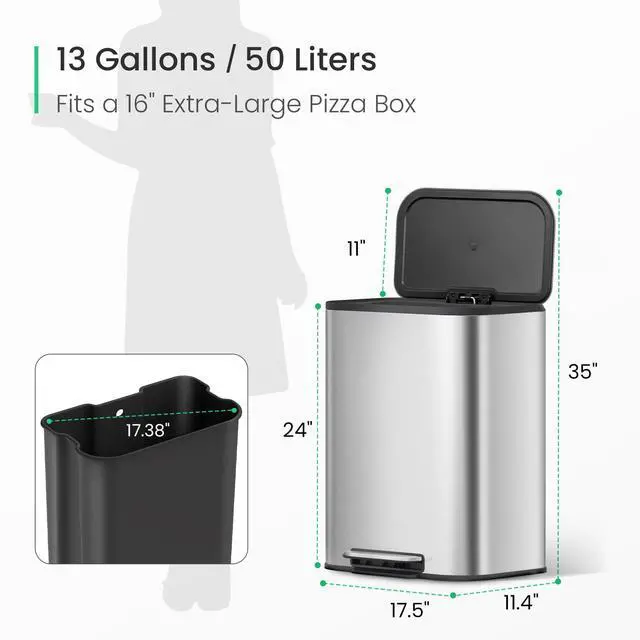 Alt view image 6 of 6 - 13 Gallon Kitchen Trash Can, Stainless Steel Step Garbage Can with Lid, Large Trash Can with Foot Pedal, Soft Close Lid, Brushed Finish, 50 Liters