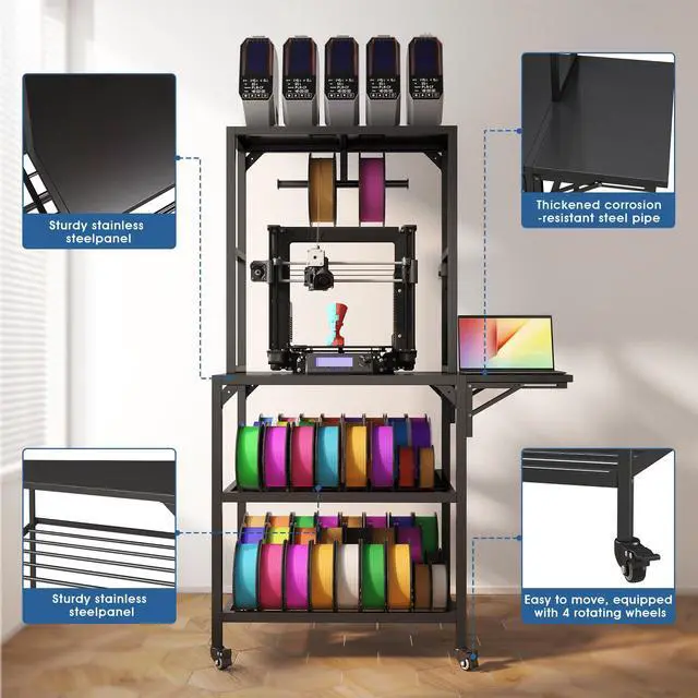 Alt view image 3 of 6 - 3D Printer Stand, Heavy Duty 3D Printer Table Stand with Filament Storage Rack, T-Shaped Spools Holder Rack with Wheels, 3D Printer Workbench for 3D Printing Studio, Home Office Workshop