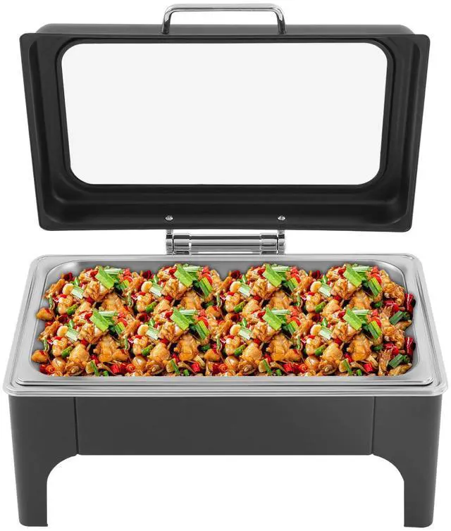 Main image of Black Rectangular Catering Warmer 9L/9.51Qt, Stainless Steel Cooling&Heating Chafing Dishes with Transparent Hydraulic Lid, Buffet Server Heat Preservation Stove for Parties Wedding(9L/9.51Qt Black)