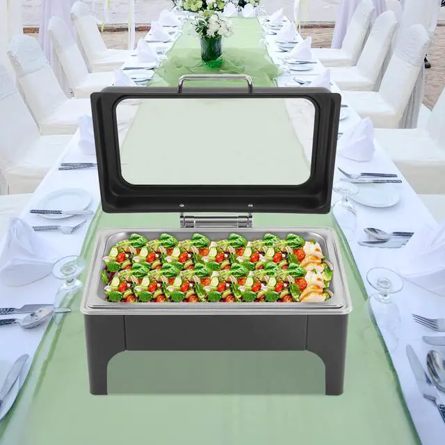 Alt view image 2 of 6 - Black Rectangular Catering Warmer 9L/9.51Qt, Stainless Steel Cooling&Heating Chafing Dishes with Transparent Hydraulic Lid, Buffet Server Heat Preservation Stove for Parties Wedding(9L/9.51Qt Black)