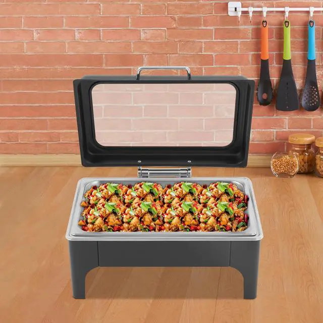 Alt view image 3 of 6 - Black Rectangular Catering Warmer 9L/9.51Qt, Stainless Steel Cooling&Heating Chafing Dishes with Transparent Hydraulic Lid, Buffet Server Heat Preservation Stove for Parties Wedding(9L/9.51Qt Black)