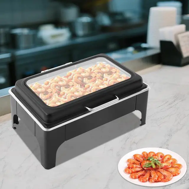 Alt view image 4 of 6 - Black Rectangular Catering Warmer 9L/9.51Qt, Stainless Steel Cooling&Heating Chafing Dishes with Transparent Hydraulic Lid, Buffet Server Heat Preservation Stove for Parties Wedding(9L/9.51Qt Black)