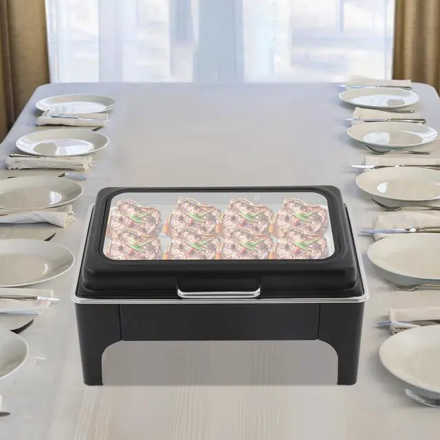 Alt view image 5 of 6 - Black Rectangular Catering Warmer 9L/9.51Qt, Stainless Steel Cooling&Heating Chafing Dishes with Transparent Hydraulic Lid, Buffet Server Heat Preservation Stove for Parties Wedding(9L/9.51Qt Black)