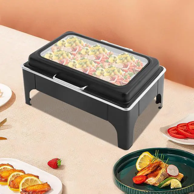 Alt view image 6 of 6 - Black Rectangular Catering Warmer 9L/9.51Qt, Stainless Steel Cooling&Heating Chafing Dishes with Transparent Hydraulic Lid, Buffet Server Heat Preservation Stove for Parties Wedding(9L/9.51Qt Black)