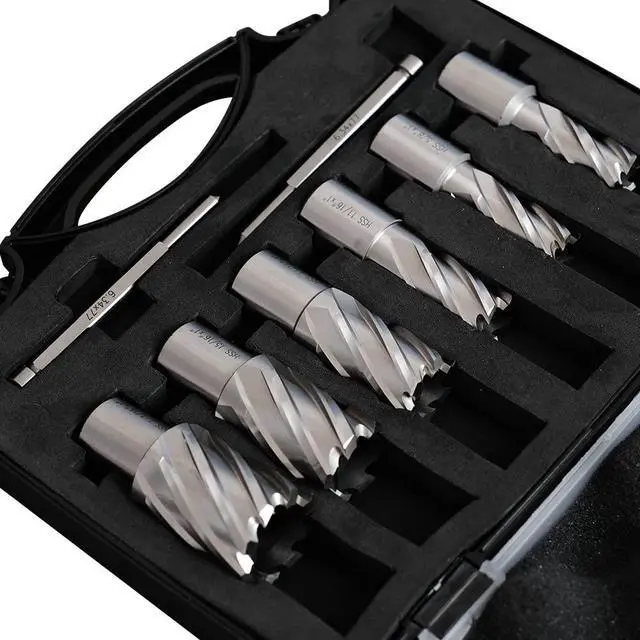 Main image of US Stock 1" Depth M2AL HSS Annular Cutter Set 8pcs Diameter 9/16 to 1-1/16 Pilot Pins Included 3/4" Weldon Shank for Mag Drill Press