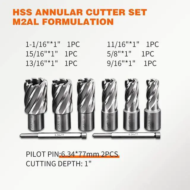 Alt view image 2 of 6 - US Stock 1" Depth M2AL HSS Annular Cutter Set 8pcs Diameter 9/16 to 1-1/16 Pilot Pins Included 3/4" Weldon Shank for Mag Drill Press