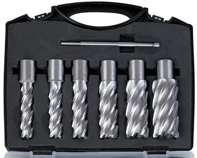 Main image of US Stock 2" Depth M2AL HSS Annular Cutter Set 7pcs Diameter 9/16 to 1-1/16 Pilot Pin Included 3/4" Weldon Shank for Mag Drill Press