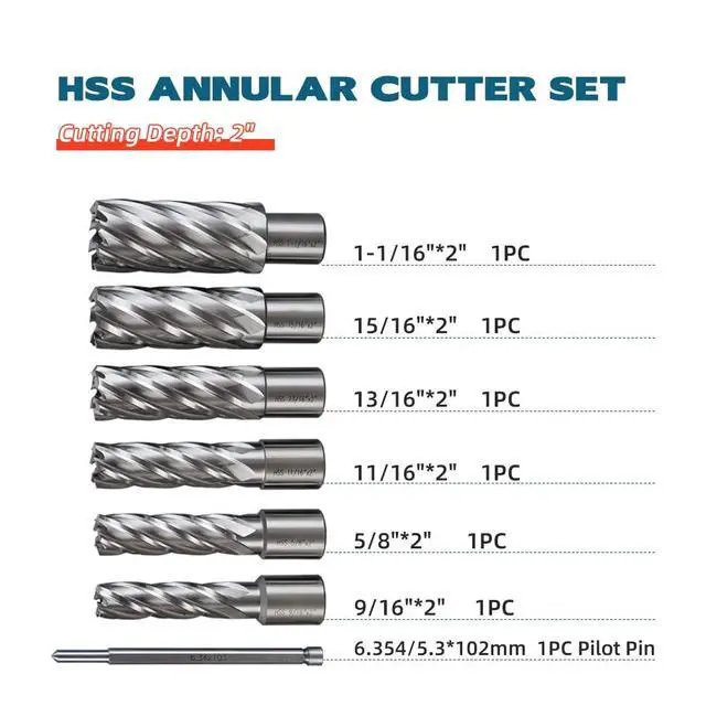 Alt view image 2 of 6 - US Stock 2" Depth M2AL HSS Annular Cutter Set 7pcs Diameter 9/16 to 1-1/16 Pilot Pin Included 3/4" Weldon Shank for Mag Drill Press