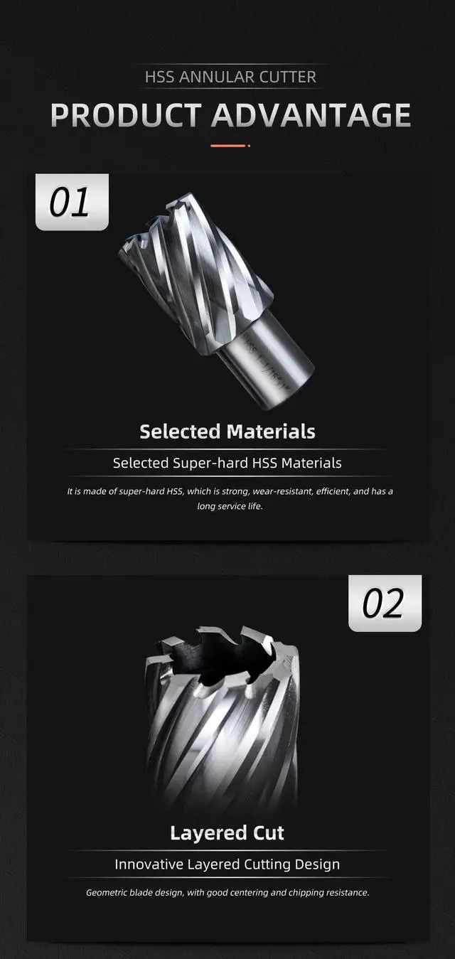Alt view image 3 of 6 - US Stock 2" Depth M2AL HSS Annular Cutter Set 7pcs Diameter 9/16 to 1-1/16 Pilot Pin Included 3/4" Weldon Shank for Mag Drill Press