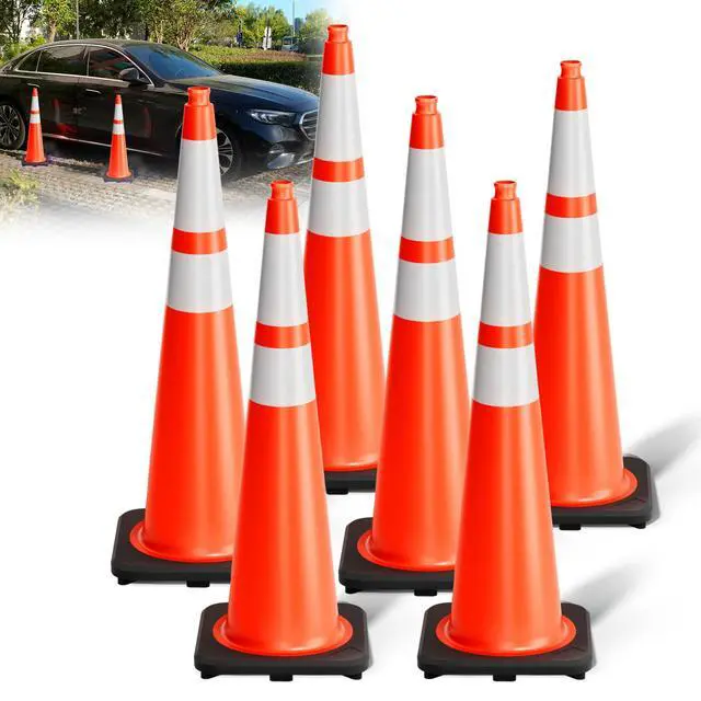 Main image of Traffic Cones 36 Inch Safety Cones 6 Pack with Heavy Duty Black Base - Safety Cones with Reflective Collars for Driveway Road Safety, Traffic Control, Parking Lot (36inch, 6 Pack)
