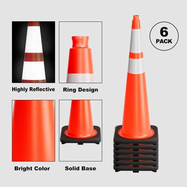 Alt view image 4 of 6 - Traffic Cones 36 Inch Safety Cones 6 Pack with Heavy Duty Black Base - Safety Cones with Reflective Collars for Driveway Road Safety, Traffic Control, Parking Lot (36inch, 6 Pack)