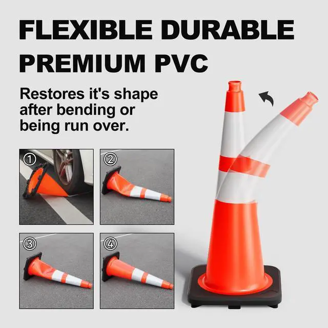 Alt view image 3 of 6 - Traffic Cones 28 Inch Orange Cones 16 Pack with Heavy Duty Black Base - Safety Cones with Reflective Collars for Driveway Road Safety, Traffic Control, Parking Lot (28inch, 16 Pack)