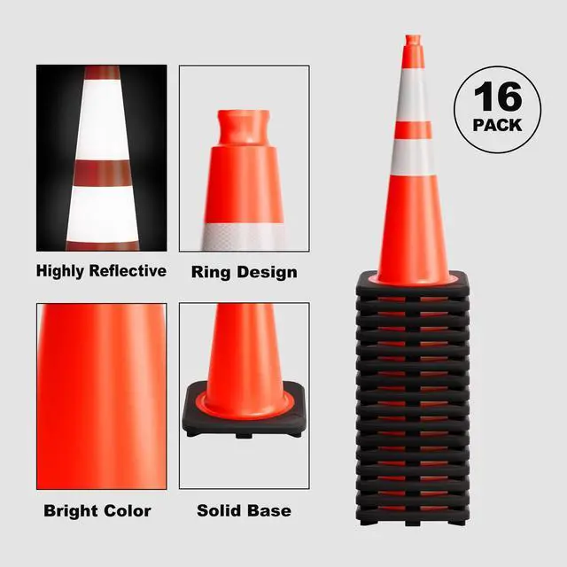 Alt view image 4 of 6 - Traffic Cones 28 Inch Orange Cones 16 Pack with Heavy Duty Black Base - Safety Cones with Reflective Collars for Driveway Road Safety, Traffic Control, Parking Lot (28inch, 16 Pack)