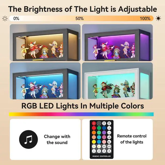 Alt view image 4 of 6 - 65" H Tall Metal Display Cabinet with Glass Doors & RGB LED Lights, 4-Tier Glass Collectible Display Case for Scale Figures,Collectibles,Books,Storage Cabinet,Black