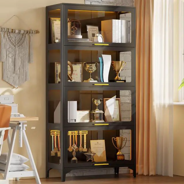 Alt view image 5 of 6 - 65" H Tall Metal Display Cabinet with Glass Doors & RGB LED Lights, 4-Tier Glass Collectible Display Case for Scale Figures,Collectibles,Books,Storage Cabinet,Black