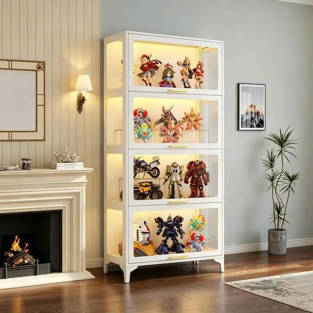 Main image of 65" H Tall Metal Display Cabinet with Glass Doors & RGB LED Lights, 4-Tier Collectible Display Case for Scale Figures, Collectibles, Books, White