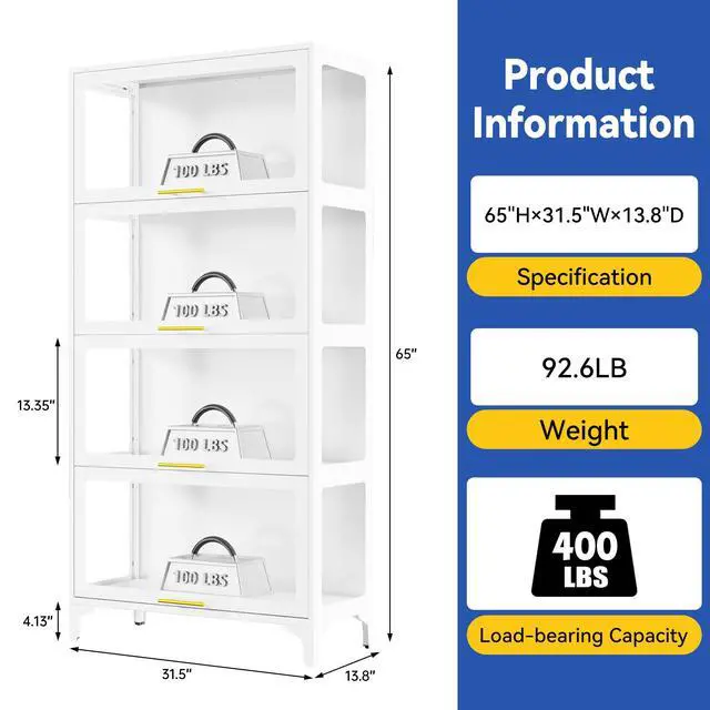 Alt view image 2 of 6 - 65" H Tall Metal Display Cabinet with Glass Doors & RGB LED Lights, 4-Tier Collectible Display Case for Scale Figures, Collectibles, Books, White