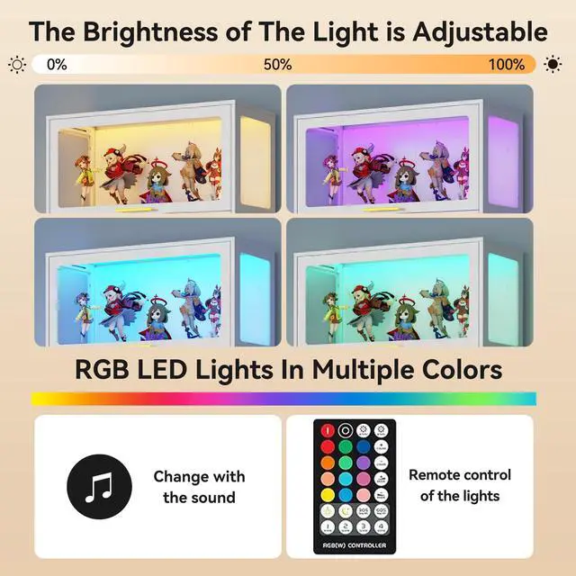Alt view image 4 of 6 - 65" H Tall Metal Display Cabinet with Glass Doors & RGB LED Lights, 4-Tier Collectible Display Case for Scale Figures, Collectibles, Books, White