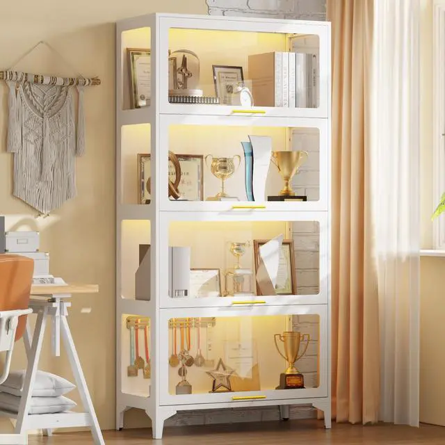 Alt view image 5 of 6 - 65" H Tall Metal Display Cabinet with Glass Doors & RGB LED Lights, 4-Tier Collectible Display Case for Scale Figures, Collectibles, Books, White
