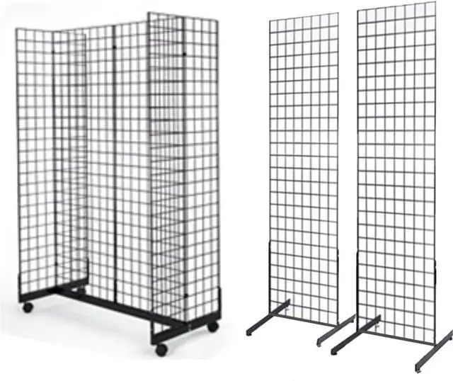 Main image of 2' x 6' Grid Wall Panel 4-Sided Floorstanding Display Fixture with Gondola Base Plus 2x) 24" x 72" Floor Standing Grid Displays, Black