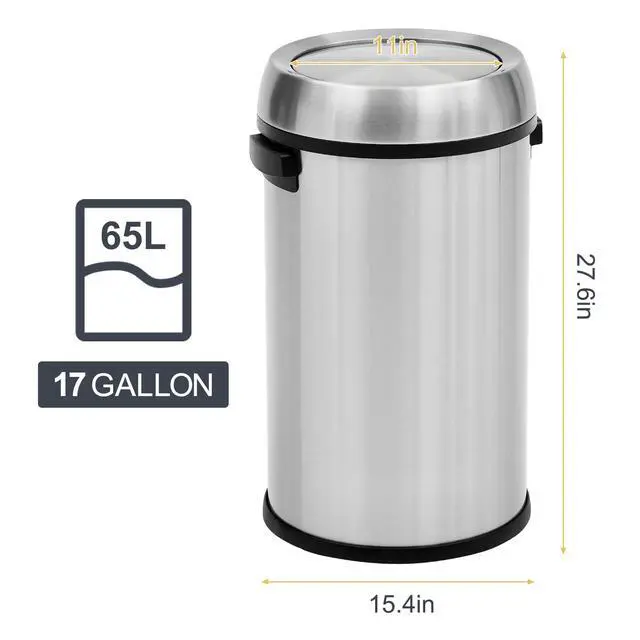 Alt view image 6 of 6 - 65 L Swing Open Trash Can, Commercial Grade Heavy Duty Brushed Stainless Steel Waste Bins, 17 gal Flip Top Lid Garbage Can, Outdoor | Home | Kitchen