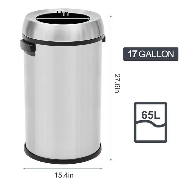 Alt view image 6 of 6 - 65 L Open Top Trash Can, Commercial Grade Heavy Duty Brushed Stainless Steel Garbage Can Large Waste Bins, Outdoor | Home | Kitchen