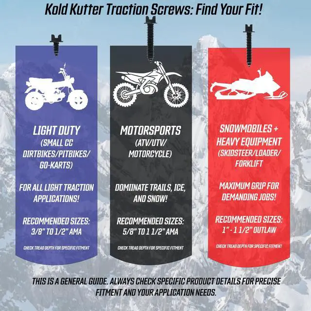 Alt view image 4 of 6 - Kold Kutter Outlaw Series Traction Screws (#12 1.5" 24 TPI 500 Pack) Winter Ice & Snow Tire Heavy Duty Studs Spikes for Racing Dirt Bikes, ATVs, Motorcycles, and Snowmobiles Tracks