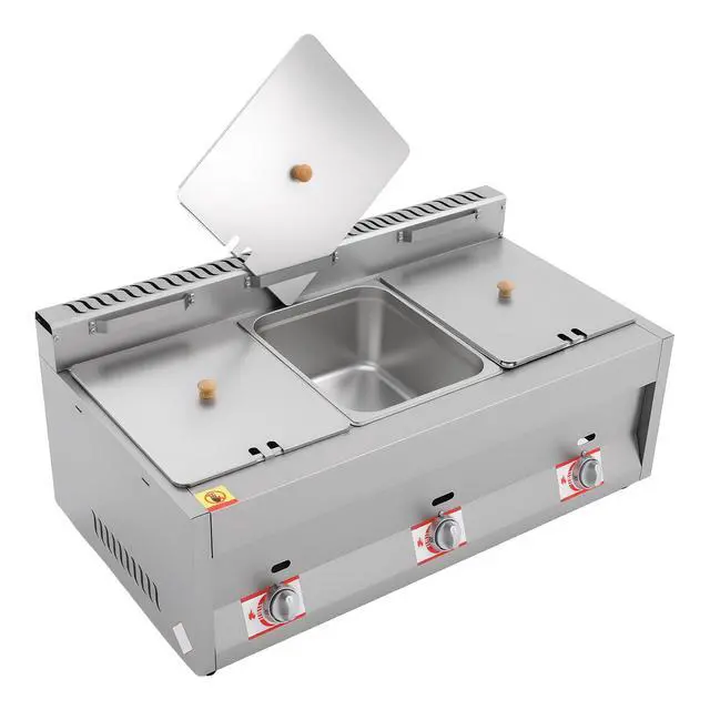 Alt view image 5 of 6 - Triple Server Food Warmer 3-Pan 600 fl oz Commercial Gas Bain Marie Buffet Countertop Food Warmer Steam Table Steamer Soup Warmer Adjustable Temp Gas Fryer Steamer Cooking Heating Pot