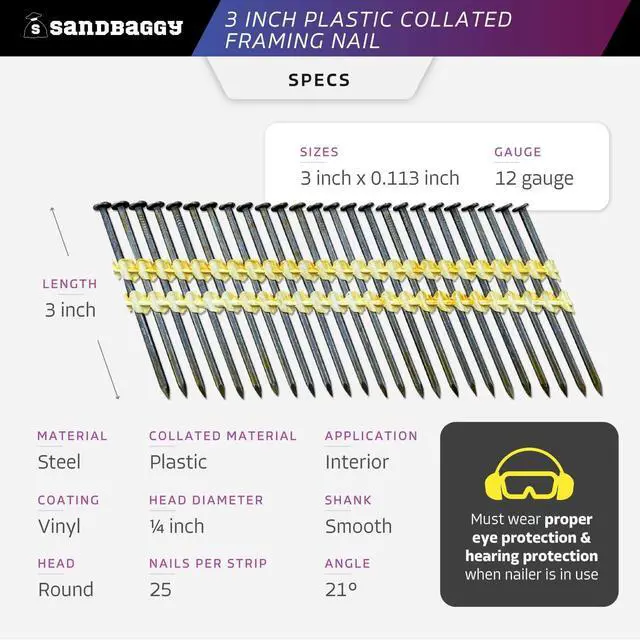 Alt view image 2 of 6 - 21 Degree Framing Nails (3 inch x 0.113 inch) - Plastic Strip Collated Nails - 1/4" Round Head, Smooth Shank, Vinyl Coated - 12 Gauge (5500)