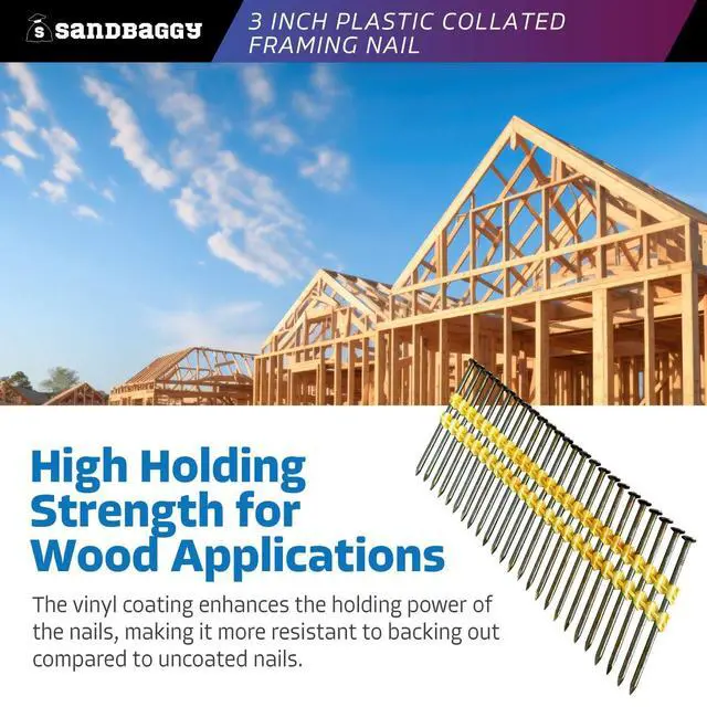 Alt view image 6 of 6 - 21 Degree Framing Nails (3 inch x 0.113 inch) - Plastic Strip Collated Nails - 1/4" Round Head, Smooth Shank, Vinyl Coated - 12 Gauge (5500)