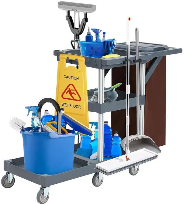 Main image of Commercial 3-Shelf Janitorial Cart with 2 Cabinets/Shelves, Commercial Traditional Wheeled Cleaning Cart with Cover and Oxford Bag, 300 Lb Capacity, Suitable for Schools, Hotels, Apartments