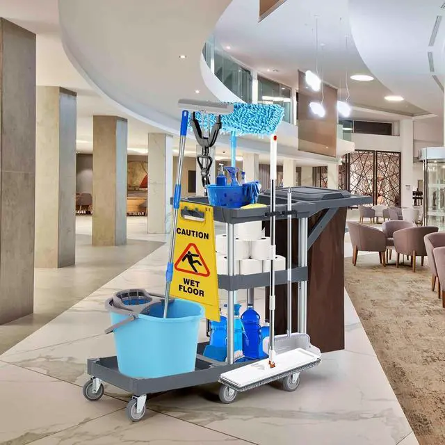 Alt view image 2 of 6 - Commercial 3-Shelf Janitorial Cart with 2 Cabinets/Shelves, Commercial Traditional Wheeled Cleaning Cart with Cover and Oxford Bag, 300 Lb Capacity, Suitable for Schools, Hotels, Apartments