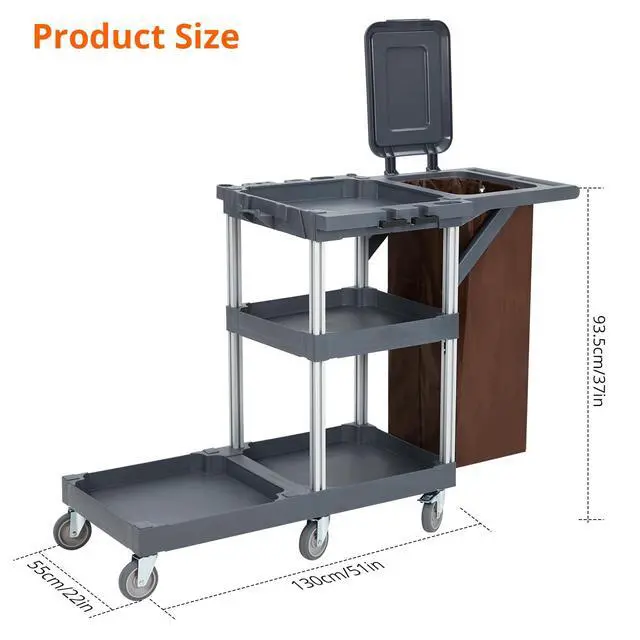 Alt view image 3 of 6 - Commercial 3-Shelf Janitorial Cart with 2 Cabinets/Shelves, Commercial Traditional Wheeled Cleaning Cart with Cover and Oxford Bag, 300 Lb Capacity, Suitable for Schools, Hotels, Apartments