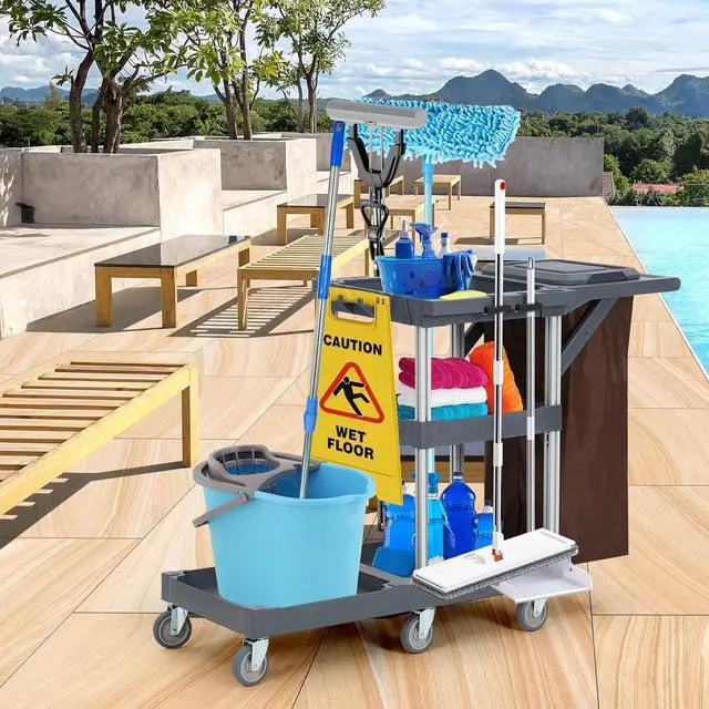 Alt view image 4 of 6 - Commercial 3-Shelf Janitorial Cart with 2 Cabinets/Shelves, Commercial Traditional Wheeled Cleaning Cart with Cover and Oxford Bag, 300 Lb Capacity, Suitable for Schools, Hotels, Apartments