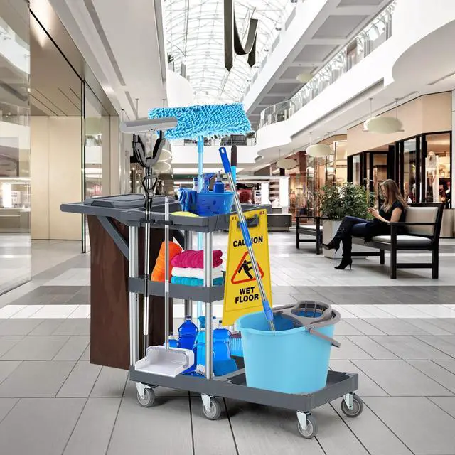 Alt view image 5 of 6 - Commercial 3-Shelf Janitorial Cart with 2 Cabinets/Shelves, Commercial Traditional Wheeled Cleaning Cart with Cover and Oxford Bag, 300 Lb Capacity, Suitable for Schools, Hotels, Apartments