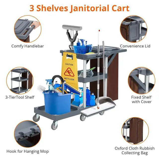 Alt view image 6 of 6 - Commercial 3-Shelf Janitorial Cart with 2 Cabinets/Shelves, Commercial Traditional Wheeled Cleaning Cart with Cover and Oxford Bag, 300 Lb Capacity, Suitable for Schools, Hotels, Apartments