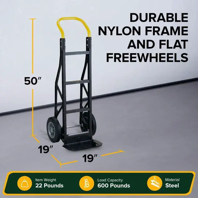 Alt view image 4 of 6 - Trucks Flat Free 600 Pound Capacity Heavy-Duty Nylon Frame Hand Truck Dolly Cart with Steel Handle for Warehouses, Offices & Construction Site