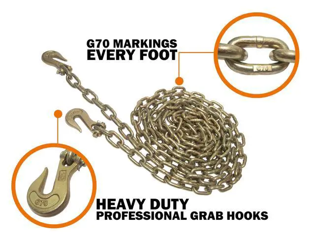 Alt view image 3 of 6 - 1/2 Inch x 20 FT Grade 70 Binder Chain with Clevis Grab Hooks | G70 Transport Tow Chain - 11,300 Lbs Working Load Limit | Premium Cargo Control for Flatbed Truck and Trailer | Logging