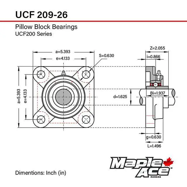 Alt view image 3 of 5 - UCF209-26 Square Flange Bearing 1-5/8" Bore, 4-Bolt Self-Aligning, Solid Base, Heavy Duty (Qty 10)