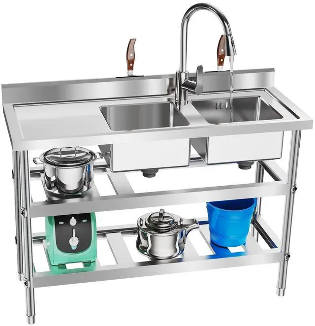 Main image of 3-Tiers Commercial Sink, 2 Compartment Free Standing Utility Sink Restaurant Kitchen Sinks Work Food Prep Table with Hot&Cold Water Faucet, 47.2*17.7*31.9in Stainless Steel Flume for Garage Outdoor