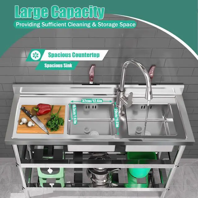 Alt view image 4 of 6 - 3-Tiers Commercial Sink, 2 Compartment Free Standing Utility Sink Restaurant Kitchen Sinks Work Food Prep Table with Hot&Cold Water Faucet, 47.2*17.7*31.9in Stainless Steel Flume for Garage Outdoor