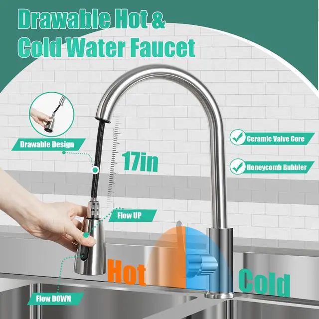 Alt view image 5 of 6 - 3-Tiers Commercial Sink, 2 Compartment Free Standing Utility Sink Restaurant Kitchen Sinks Work Food Prep Table with Hot&Cold Water Faucet, 47.2*17.7*31.9in Stainless Steel Flume for Garage Outdoor