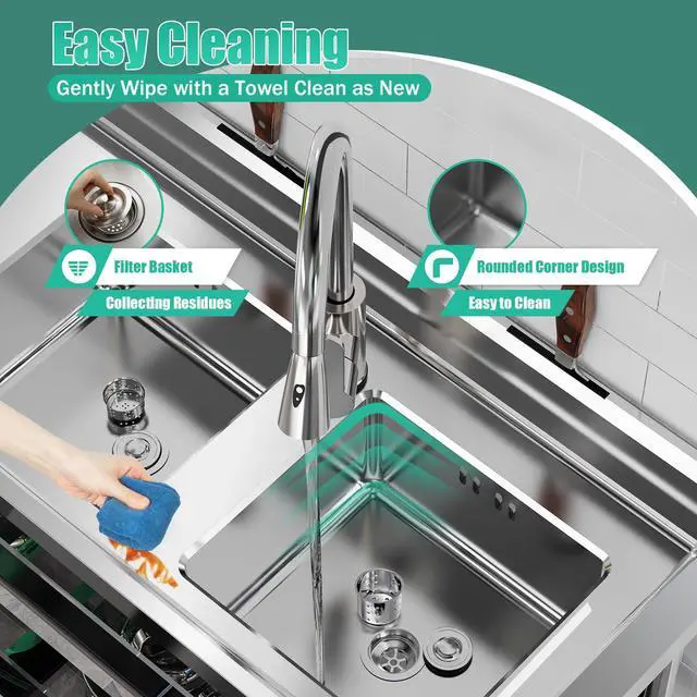 Alt view image 6 of 6 - 3-Tiers Commercial Sink, 2 Compartment Free Standing Utility Sink Restaurant Kitchen Sinks Work Food Prep Table with Hot&Cold Water Faucet, 47.2*17.7*31.9in Stainless Steel Flume for Garage Outdoor