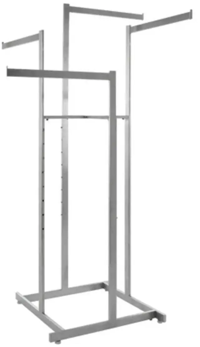 Main image of 4-Way High Capacity Garment Rack with Straight Arms, Satin Chrome Finish, Adjustable 48in72in Height, 22in Arms, Retail Clothing Display Rack