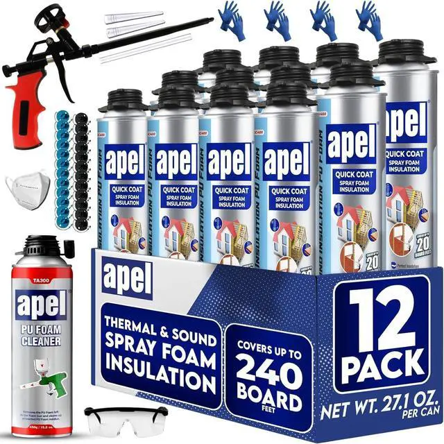Main image of Spray Foam Insulation Kit (12 x 32.80 oz./240 Bd ft) Heat and Acoustic Insulation, Self Expanding Polyurethane Foam, Application Gun and Cleaner Included - 12 Pack