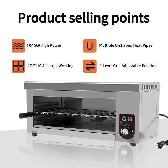 Alt view image 2 of 6 - 1500W Electric Cheese Melter Grill, 110V Commercial Salamander Broiler Stainless Steel Cheese Melter Machine Countertop Salamander Broiler For Melt Cheese, Toast Sandwiches, Grill Steaks