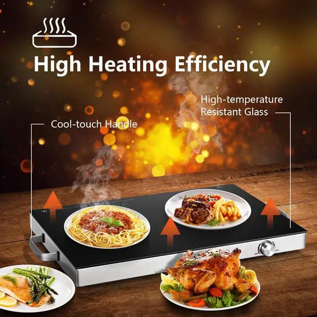 Alt view image 3 of 6 - Electric Food Warmer 2 Packs, 22''x15'' Food Warmers for Parties, Adjustable Temperature Control, Tempered Glass Surface, Hot Plate for Buffet, Electric Warming Tray for Restaurants, Events