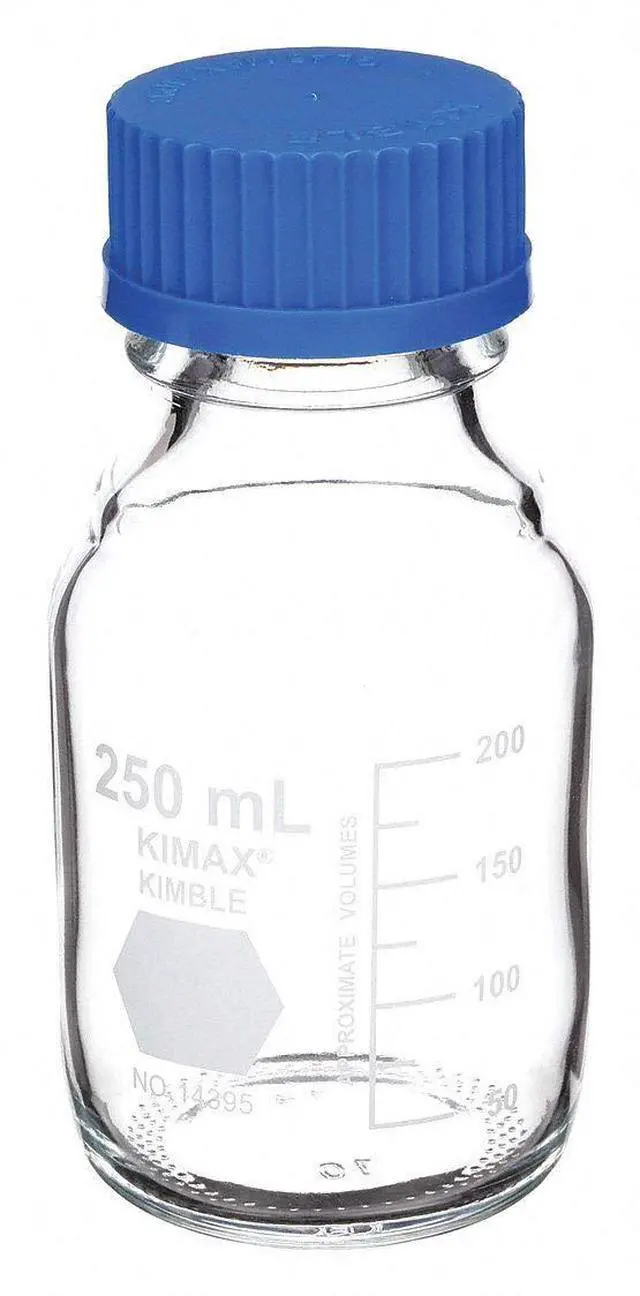 Main image of 14395-250 Borosilicate Glass GL-45 Media/Storage Bottle With Blue Polypropylene Screw Thread Cap, 250 mL (Case of 10)