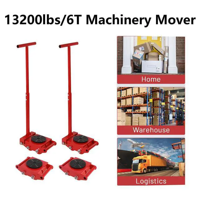 Alt view image 2 of 6 - 4pcs Machinery Skates, Machinery Mover with 2pcs Steering Handles, 6T/13200lbs Capacity, Machinery Moving Skates Dolly w/ 360° Rotation Disc & 4 Rollers, Heavy Duty Industrial Moving Equipment